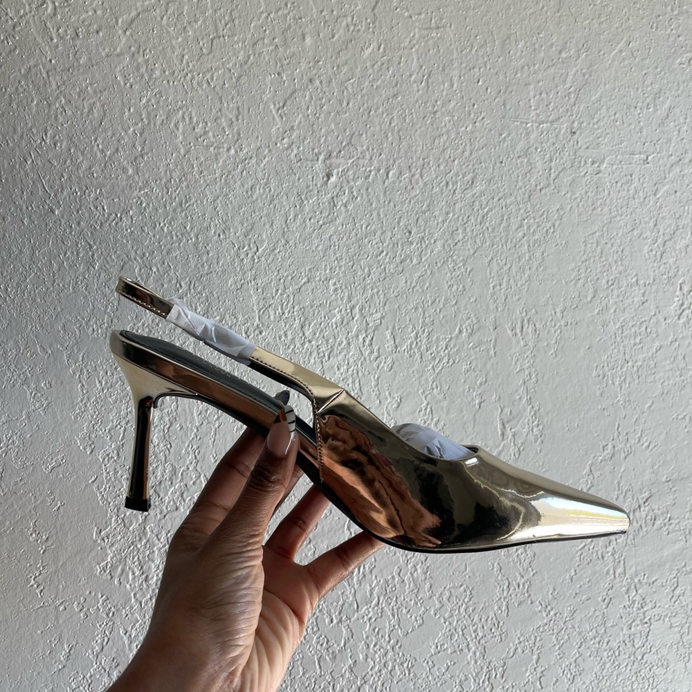 GOLD MIRROR SLING BACK MID HEELED SHOES